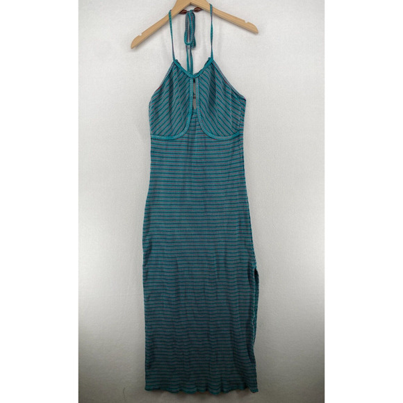 FREE PEOPLE Dress L Terra Ribbed Jersey Halter Striped Cutout Maxi Blue - Picture 2 of 16